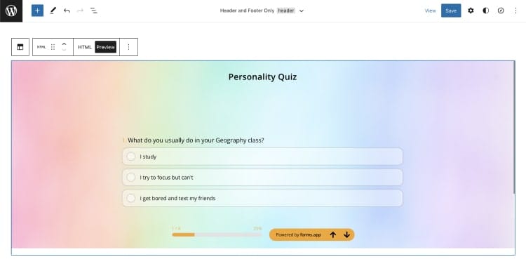 Previewing how your quiz looks on a WordPress website